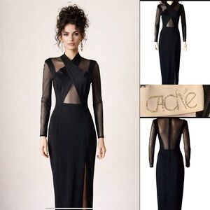 CACHE'  90S VINTAGE FORMAL GOWN WITH SEE THROUGH MESH PANELS AND SLEEVES SIZE XS
